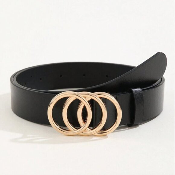 Vegan Leather 3-Ring Buckle Gold Color Belt Black - Picture 1 of 4